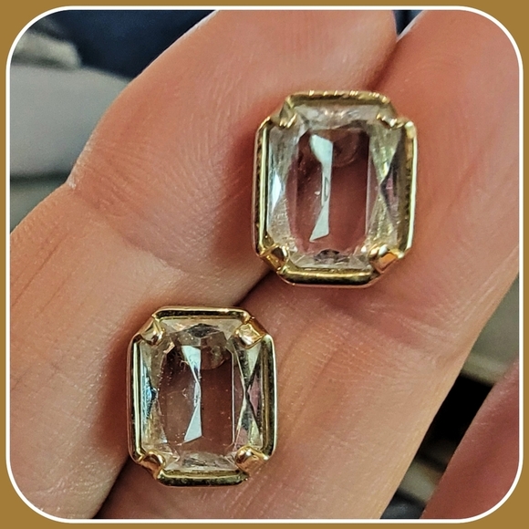 #Monet? Emerald Cut Clear Stone Rectangular Gold Tone Studs - Picture 3 of 6